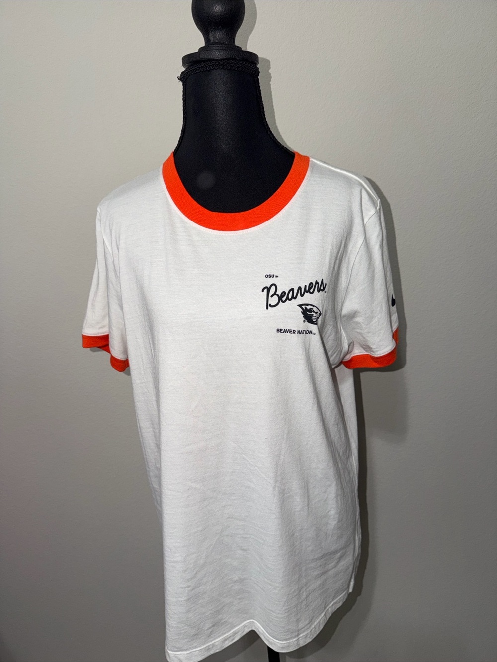 Beavers OSU Ringer T-Shirt in White with Orange Trim